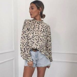Long Sleeve High Neck Blush Pink Dalmatian Print Blouse